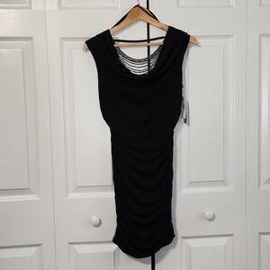 BCX Womens Black Cowl Neck Ruched Sexy Beaded Dress Size SM Evening Cocktail NWT